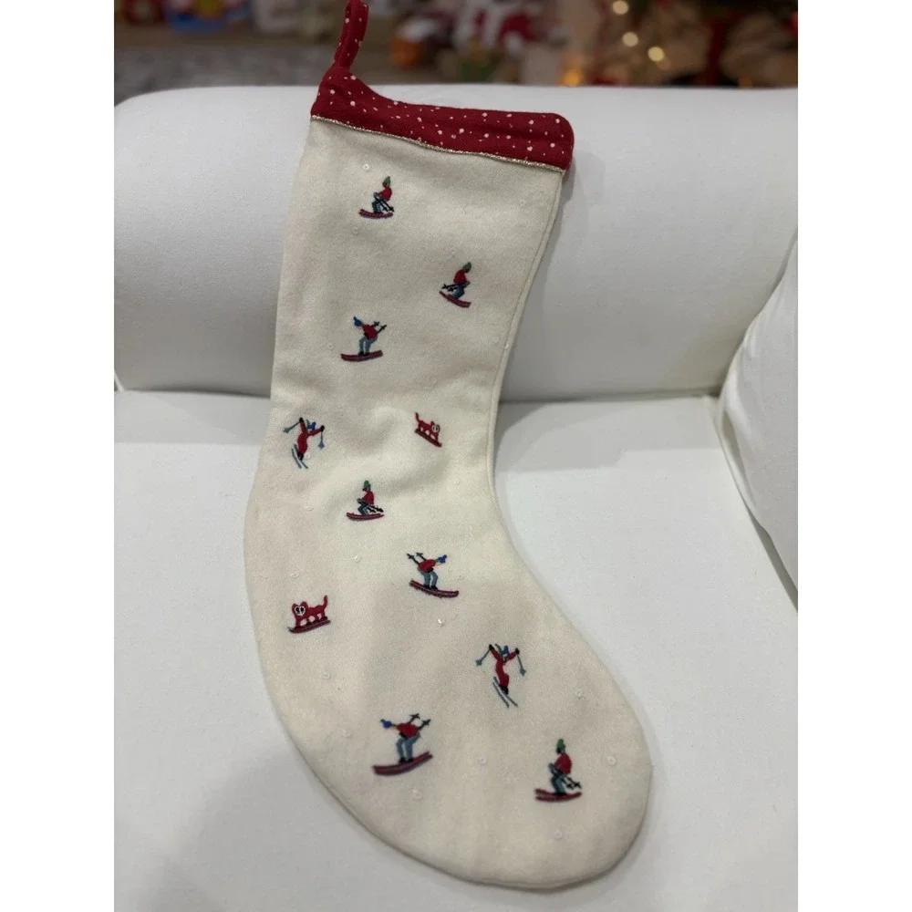 Anthropologie Dashing Through the Snow Christmas Stocking Skiers Cream